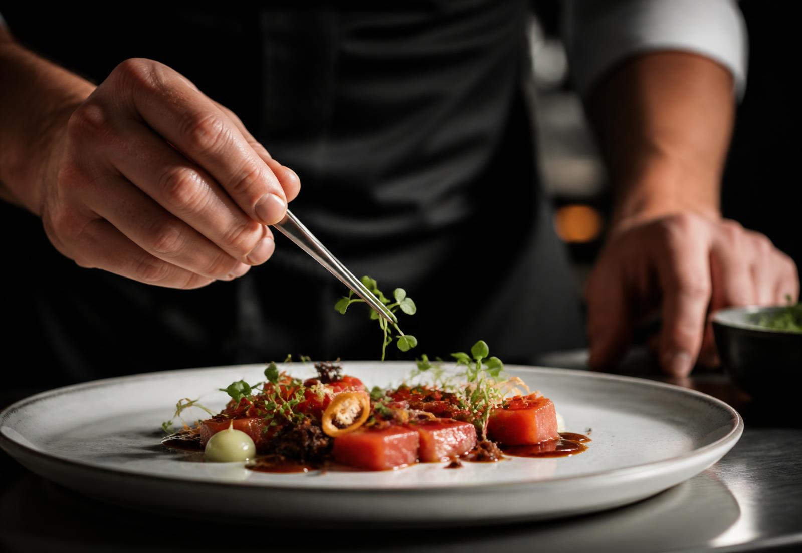 Chef che rifinisce un piatto con microgreens usando una pinzetta