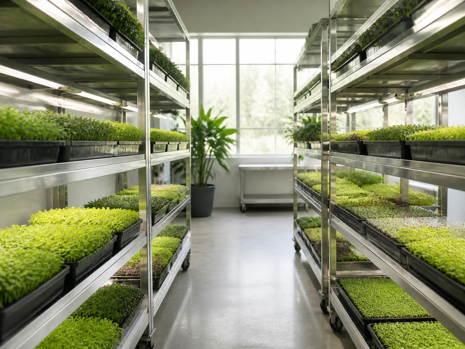 Vassoi di microgreens su scaffalature di coltivazione